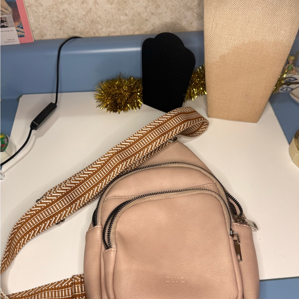 Chic Blush Crossbody Bag with Tan Strap